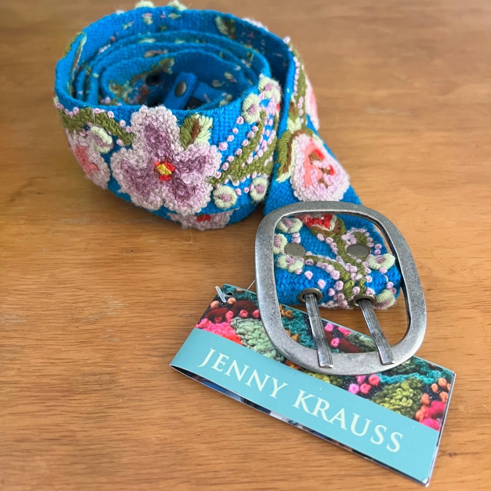 Jenny Krauss Floral Embroidered Wool Belt Turquoise Blue Boho Made in Peru Large